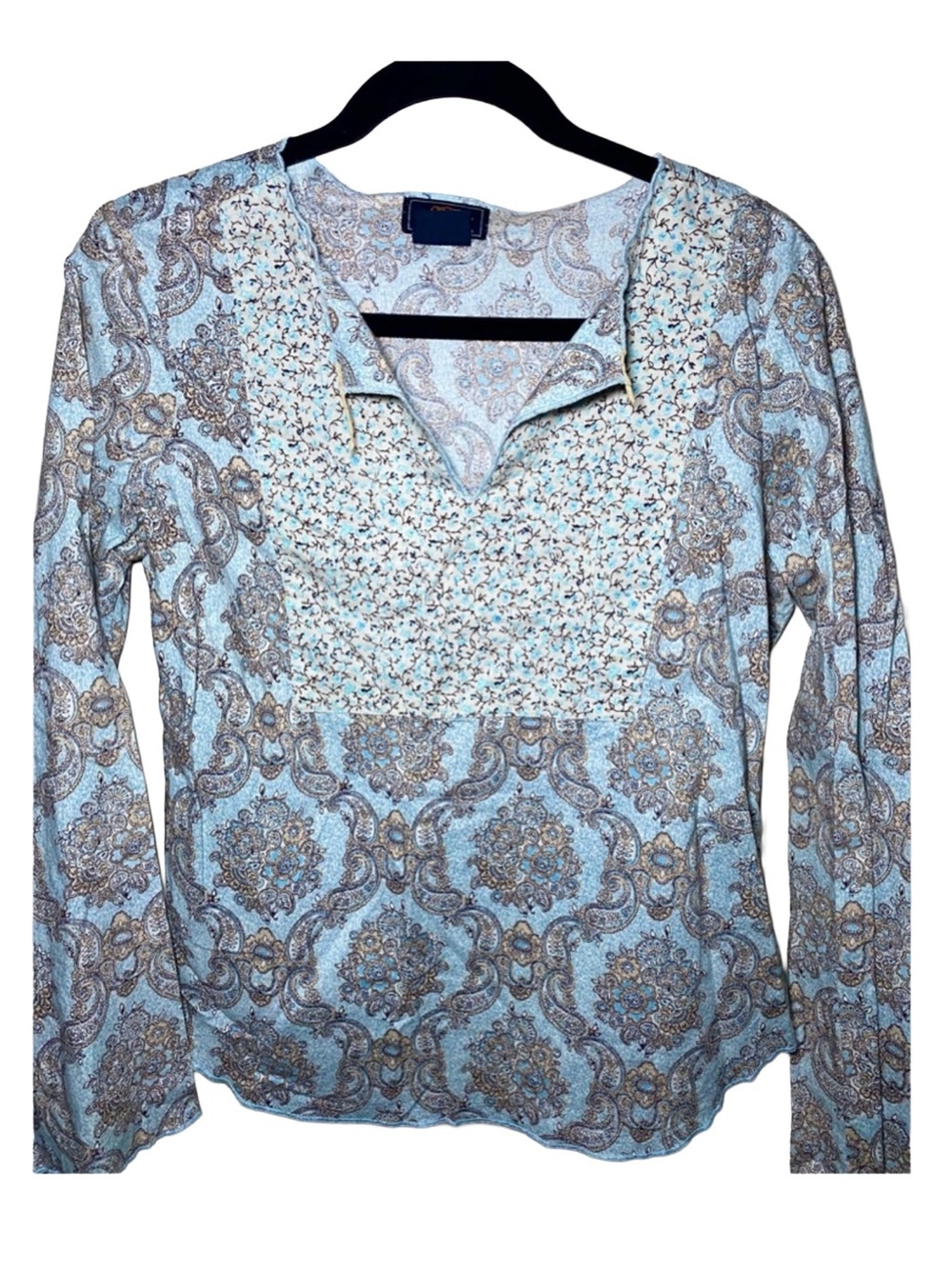 Vintage Blue Paisley Route 66 Women's Mixed Print Peasant Floral Boho Blouse, S